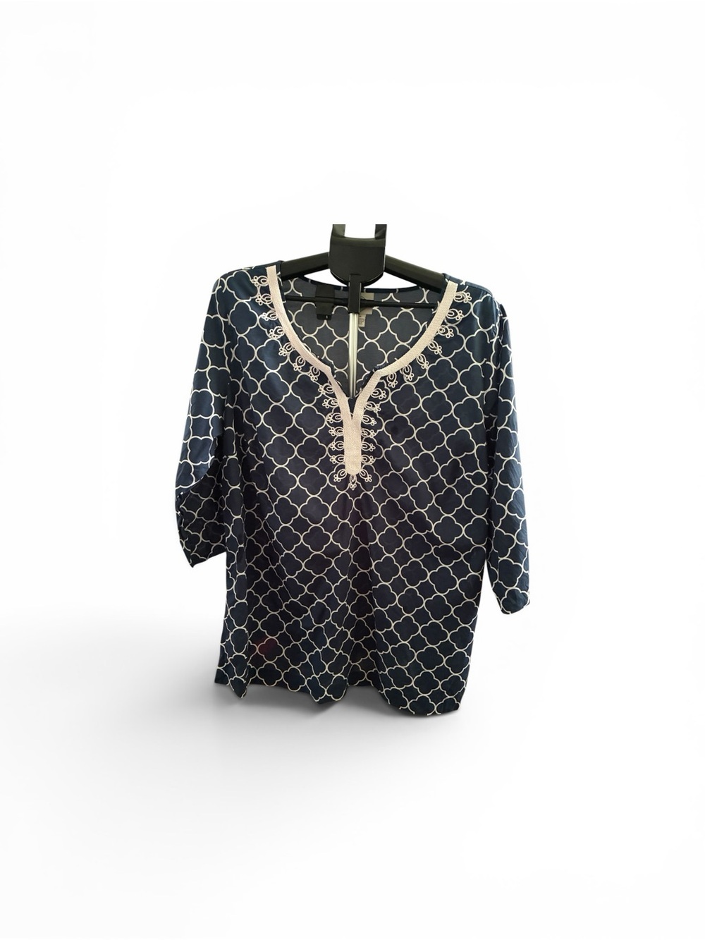 St. John's Bay Navy Tunic with Cream Lattice Print and Embroidered V-Neck